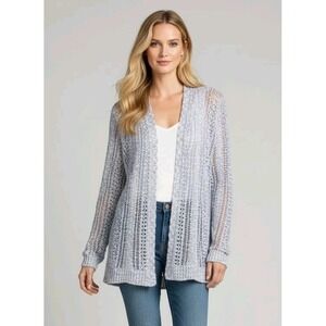 EUC Lane Bryant Plus Size‎ 14/16 Open Knit Cardigan Sweater Blue White Marled